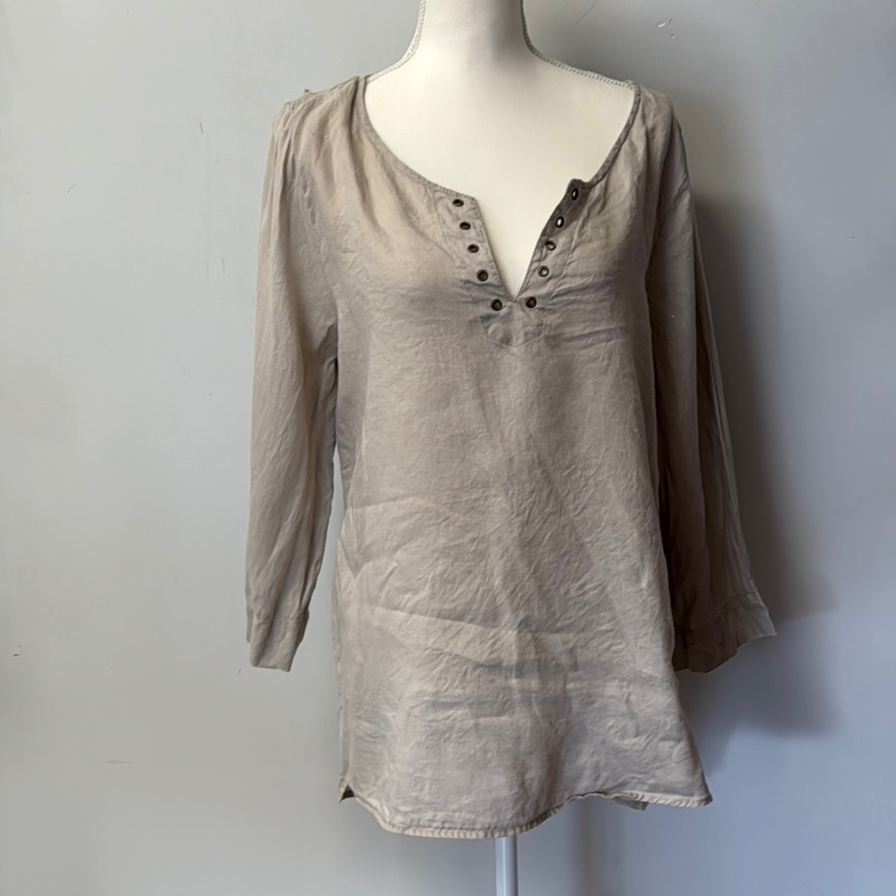 St. Tropez Tan Tunic Linen V Neckline 3/4 Sleeves Split Sides XL Bohemian